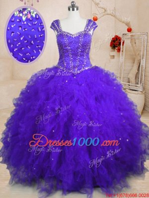 Best Floor Length Purple Sweet 16 Dress Tulle Cap Sleeves Beading and Ruffles and Sequins