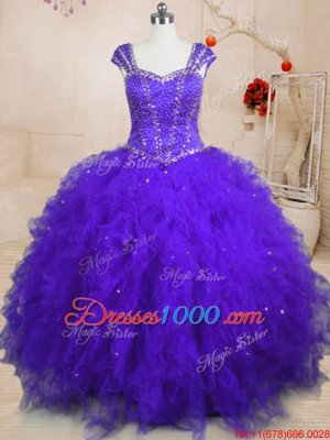 Best Floor Length Purple Sweet 16 Dress Tulle Cap Sleeves Beading and Ruffles and Sequins