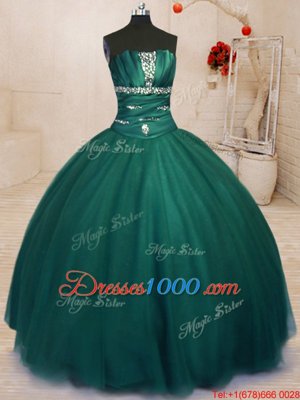 Elegant Dark Green Ball Gowns Beading Quince Ball Gowns Lace Up Tulle Sleeveless Floor Length