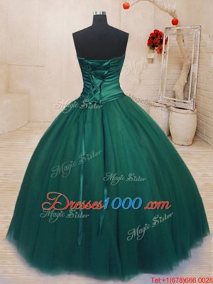 Elegant Dark Green Ball Gowns Beading Quince Ball Gowns Lace Up Tulle Sleeveless Floor Length