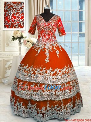 Luxury Ball Gowns Quince Ball Gowns Orange Red V-neck Tulle Half Sleeves Floor Length Zipper