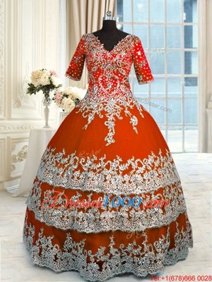Luxury Ball Gowns Quince Ball Gowns Orange Red V-neck Tulle Half Sleeves Floor Length Zipper