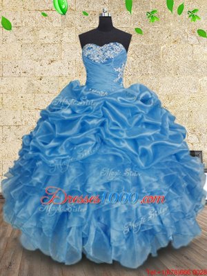 Sleeveless Organza Floor Length Lace Up 15 Quinceanera Dress in Baby Blue for with Beading and Appliques and Ruffles and Ruching