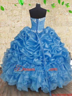 Sleeveless Organza Floor Length Lace Up 15 Quinceanera Dress in Baby Blue for with Beading and Appliques and Ruffles and Ruching
