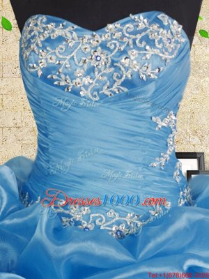 Sleeveless Organza Floor Length Lace Up 15 Quinceanera Dress in Baby Blue for with Beading and Appliques and Ruffles and Ruching