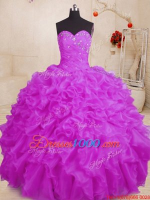 Purple Ball Gowns Sweetheart Sleeveless Organza Floor Length Lace Up Beading and Ruffles Sweet 16 Dress