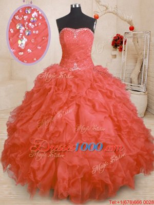 Ideal Orange Red Organza Lace Up Quinceanera Gowns Sleeveless Floor Length Beading and Ruffles and Ruching