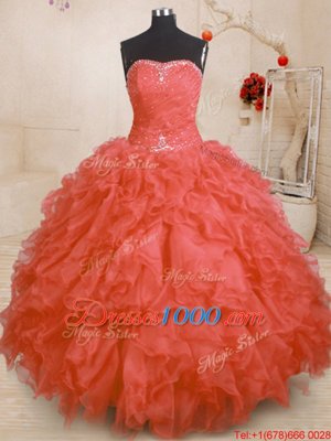 Ideal Orange Red Organza Lace Up Quinceanera Gowns Sleeveless Floor Length Beading and Ruffles and Ruching