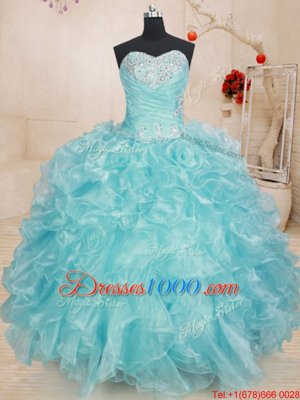 Elegant Floor Length Blue Vestidos de Quinceanera Organza Sleeveless Beading and Ruffles