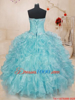 Elegant Floor Length Blue Vestidos de Quinceanera Organza Sleeveless Beading and Ruffles