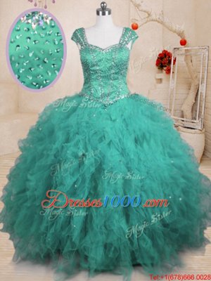 Stunning Floor Length Turquoise 15th Birthday Dress Tulle Cap Sleeves Beading and Ruffles