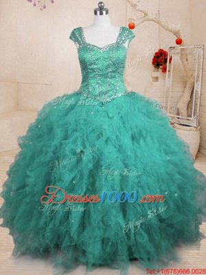 Stunning Floor Length Turquoise 15th Birthday Dress Tulle Cap Sleeves Beading and Ruffles