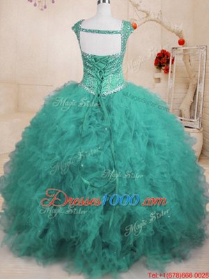 Stunning Floor Length Turquoise 15th Birthday Dress Tulle Cap Sleeves Beading and Ruffles