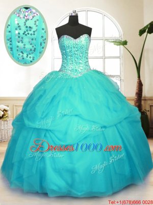Aqua Blue Sweetheart Lace Up Sequins and Pick Ups 15th Birthday Dress Sleeveless