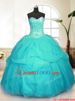 Aqua Blue Sweetheart Lace Up Sequins and Pick Ups 15th Birthday Dress Sleeveless