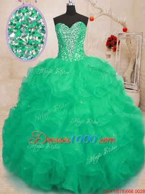 Dramatic Green Sleeveless Organza Lace Up 15 Quinceanera Dress for Military Ball and Sweet 16 and Quinceanera