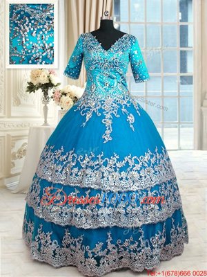 Stunning Teal Vestidos de Quinceanera Military Ball and Sweet 16 and Quinceanera and For with Beading and Lace and Appliques and Ruffled Layers V-neck Half Sleeves Zipper