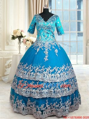 Stunning Teal Vestidos de Quinceanera Military Ball and Sweet 16 and Quinceanera and For with Beading and Lace and Appliques and Ruffled Layers V-neck Half Sleeves Zipper
