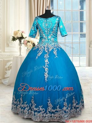 Stunning Teal Vestidos de Quinceanera Military Ball and Sweet 16 and Quinceanera and For with Beading and Lace and Appliques and Ruffled Layers V-neck Half Sleeves Zipper
