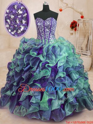 Excellent Sweetheart Sleeveless Sweet 16 Dresses Floor Length Beading and Ruffles Multi-color Organza