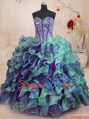 Excellent Sweetheart Sleeveless Sweet 16 Dresses Floor Length Beading and Ruffles Multi-color Organza