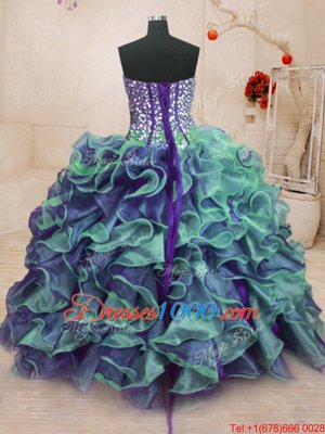 Excellent Sweetheart Sleeveless Sweet 16 Dresses Floor Length Beading and Ruffles Multi-color Organza
