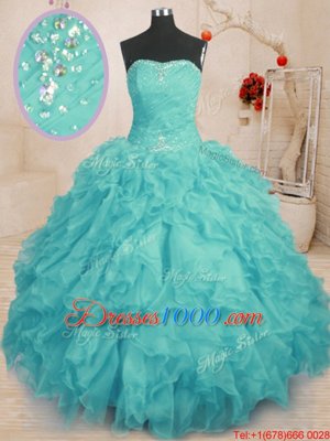 Nice Aqua Blue Vestidos de Quinceanera Military Ball and Sweet 16 and Quinceanera and For with Beading and Ruffles Strapless Sleeveless Lace Up