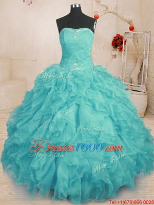 Nice Aqua Blue Vestidos de Quinceanera Military Ball and Sweet 16 and Quinceanera and For with Beading and Ruffles Strapless Sleeveless Lace Up