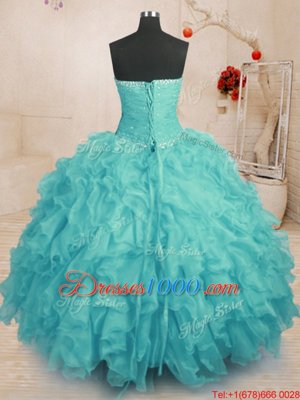 Nice Aqua Blue Vestidos de Quinceanera Military Ball and Sweet 16 and Quinceanera and For with Beading and Ruffles Strapless Sleeveless Lace Up