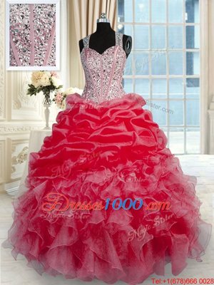 Sleeveless Organza Floor Length Zipper Sweet 16 Quinceanera Dress in Red for with Beading and Ruffles