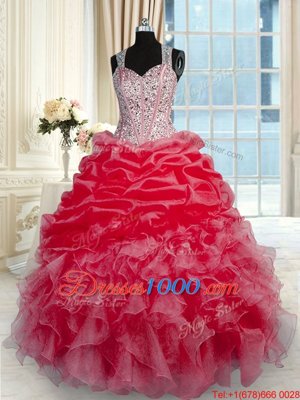 Sleeveless Organza Floor Length Zipper Sweet 16 Quinceanera Dress in Red for with Beading and Ruffles
