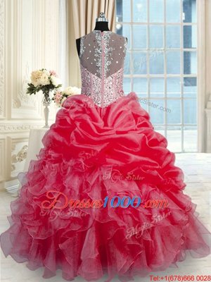 Sleeveless Organza Floor Length Zipper Sweet 16 Quinceanera Dress in Red for with Beading and Ruffles