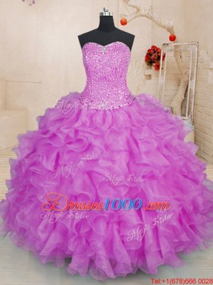 Fuchsia Organza Lace Up Sweet 16 Quinceanera Dress Sleeveless Floor Length Beading and Ruffles