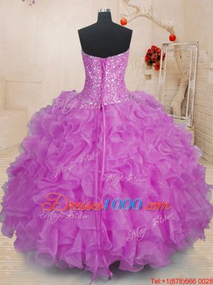 Fuchsia Organza Lace Up Sweet 16 Quinceanera Dress Sleeveless Floor Length Beading and Ruffles
