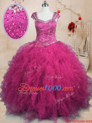 Graceful Fuchsia Square Lace Up Beading and Ruffles Quinceanera Gowns Cap Sleeves