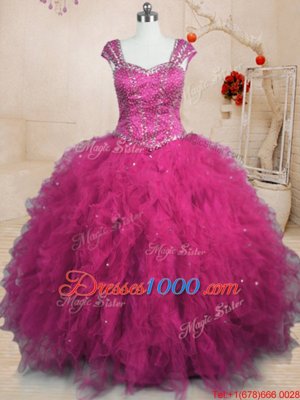 Graceful Fuchsia Square Lace Up Beading and Ruffles Quinceanera Gowns Cap Sleeves