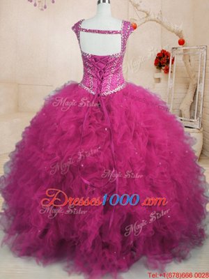 Graceful Fuchsia Square Lace Up Beading and Ruffles Quinceanera Gowns Cap Sleeves