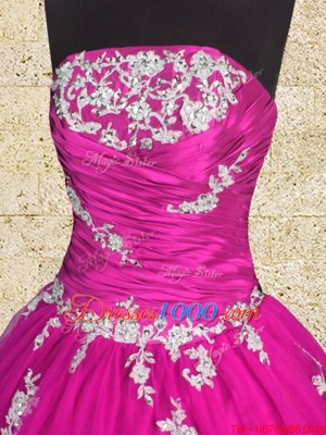 Colorful Fuchsia Sleeveless Floor Length Appliques and Ruching Lace Up Quince Ball Gowns