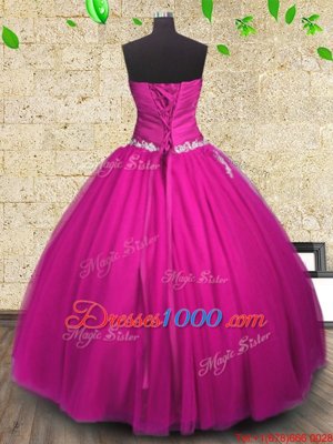 Colorful Fuchsia Sleeveless Floor Length Appliques and Ruching Lace Up Quince Ball Gowns