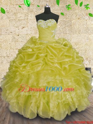 Vintage Sleeveless Organza Floor Length Lace Up Sweet 16 Dress in Green for with Beading and Appliques and Ruffles and Ruching
