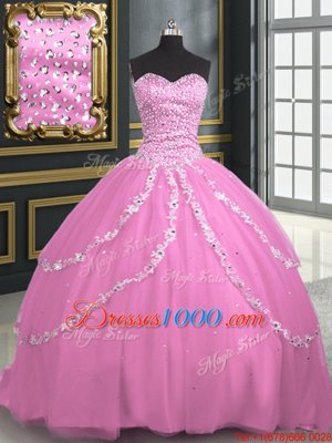 Clearance With Train Ball Gowns Sleeveless Rose Pink Vestidos de Quinceanera Brush Train Lace Up