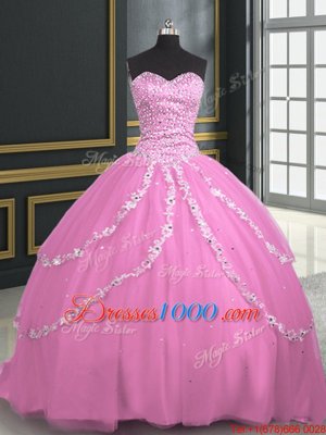 Clearance With Train Ball Gowns Sleeveless Rose Pink Vestidos de Quinceanera Brush Train Lace Up