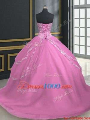 Clearance With Train Ball Gowns Sleeveless Rose Pink Vestidos de Quinceanera Brush Train Lace Up