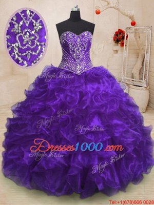 Custom Designed Purple Lace Up Ball Gown Prom Dress Beading and Ruffles Sleeveless With Train Sweep Train