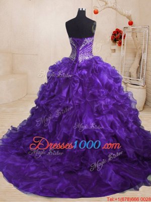 Custom Designed Purple Lace Up Ball Gown Prom Dress Beading and Ruffles Sleeveless With Train Sweep Train