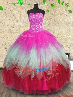 Sweetheart Sleeveless Tulle Quinceanera Dress Beading and Ruffles and Ruffled Layers Lace Up