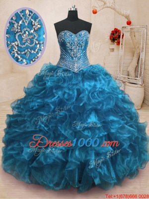 Hot Selling Blue Organza Lace Up Quince Ball Gowns Sleeveless With Train Sweep Train Beading and Ruffles