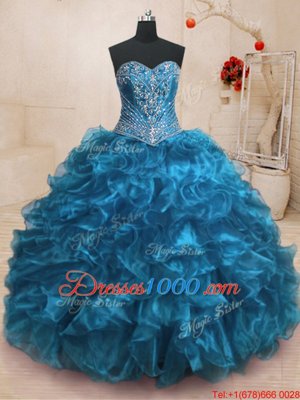 Hot Selling Blue Organza Lace Up Quince Ball Gowns Sleeveless With Train Sweep Train Beading and Ruffles