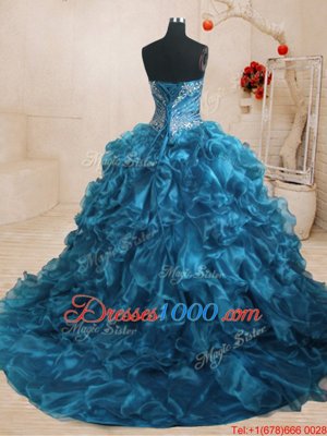 Hot Selling Blue Organza Lace Up Quince Ball Gowns Sleeveless With Train Sweep Train Beading and Ruffles