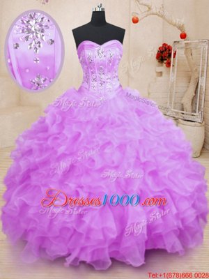 Fine Floor Length Lilac 15 Quinceanera Dress Organza Sleeveless Beading and Ruffles